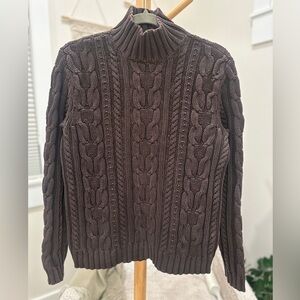Chaps Cable Knit Mock Neck Sweater Medium Brown 100% Cotton